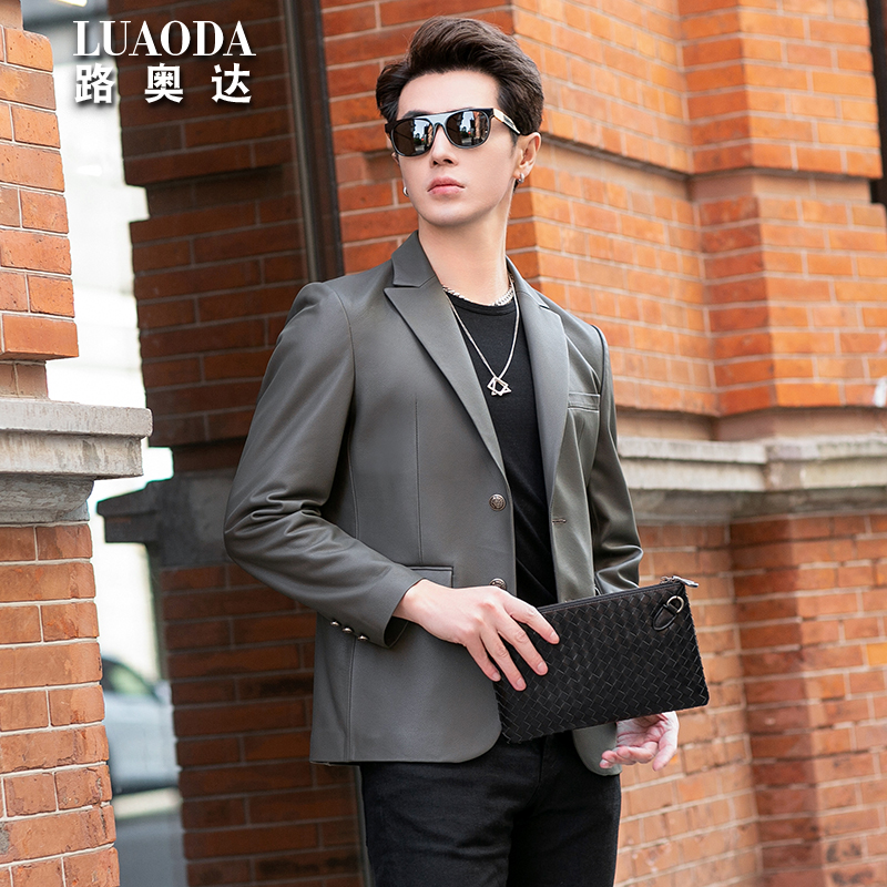 海宁真皮皮衣男头层绵羊皮帅气皮西装修身商务休闲韩版皮西服外套