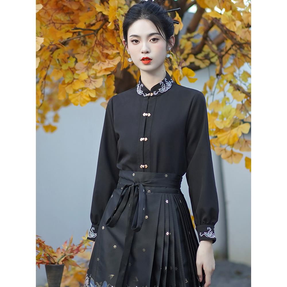 马面裙的上衣新中式国风改良立领黑色衬衫2023年古风日常汉服衬衣