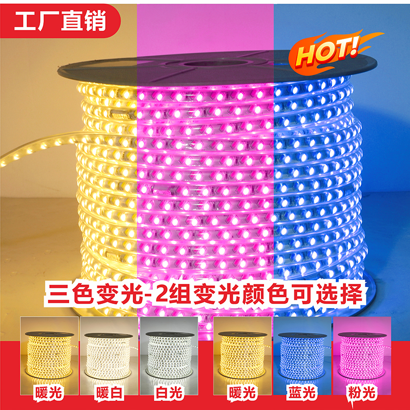 三色变光家用灯带led灯条变色220V户外防水rgb超亮灯带条客厅吊顶