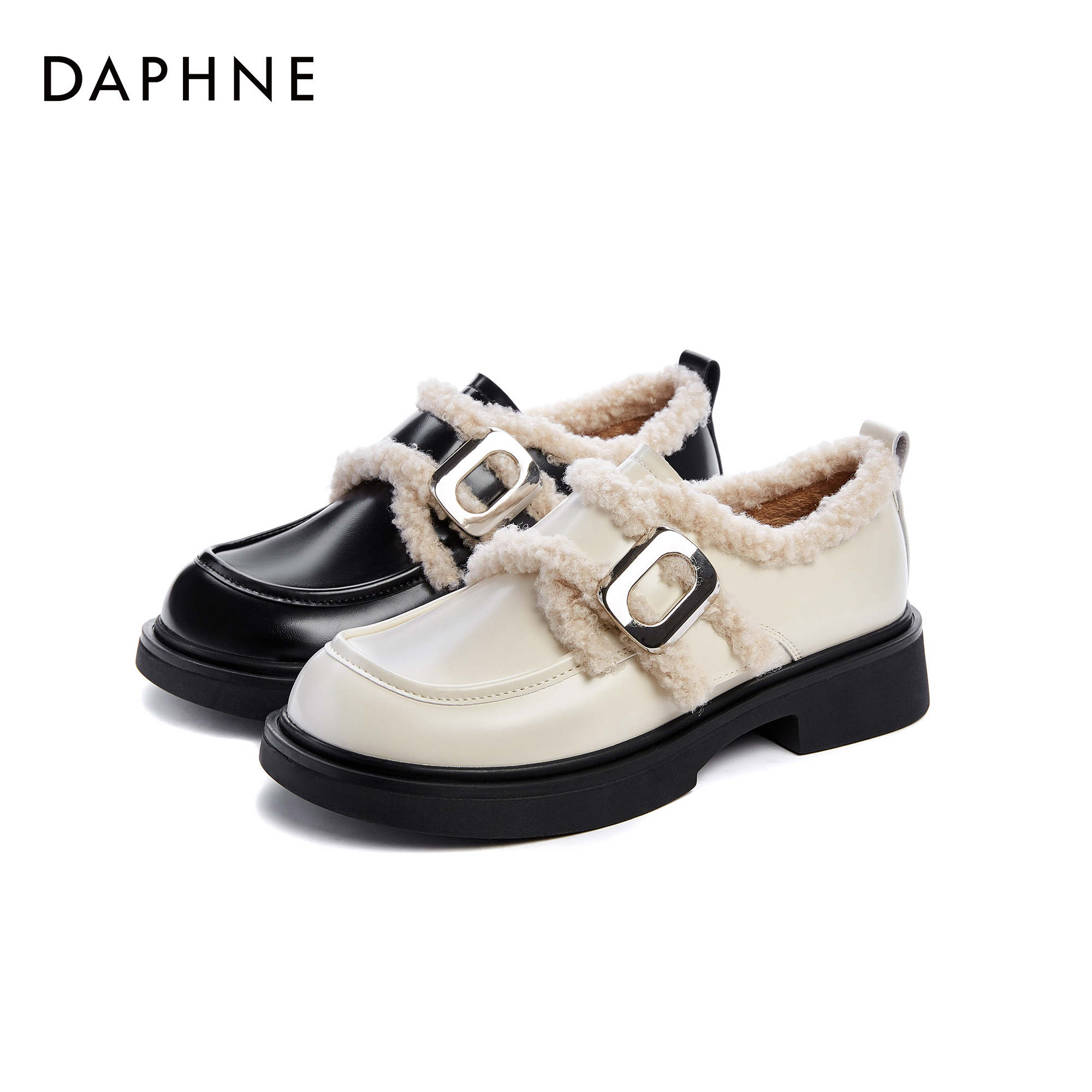 Daphne/达芙妮2023冬季圆头乐福鞋女鞋加绒森马毛毛鞋复古6947875