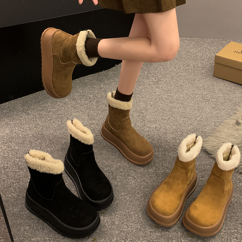 贾不假雪地靴女2024秋冬新款时尚百搭复古小个子厚底棉靴雪地鞋