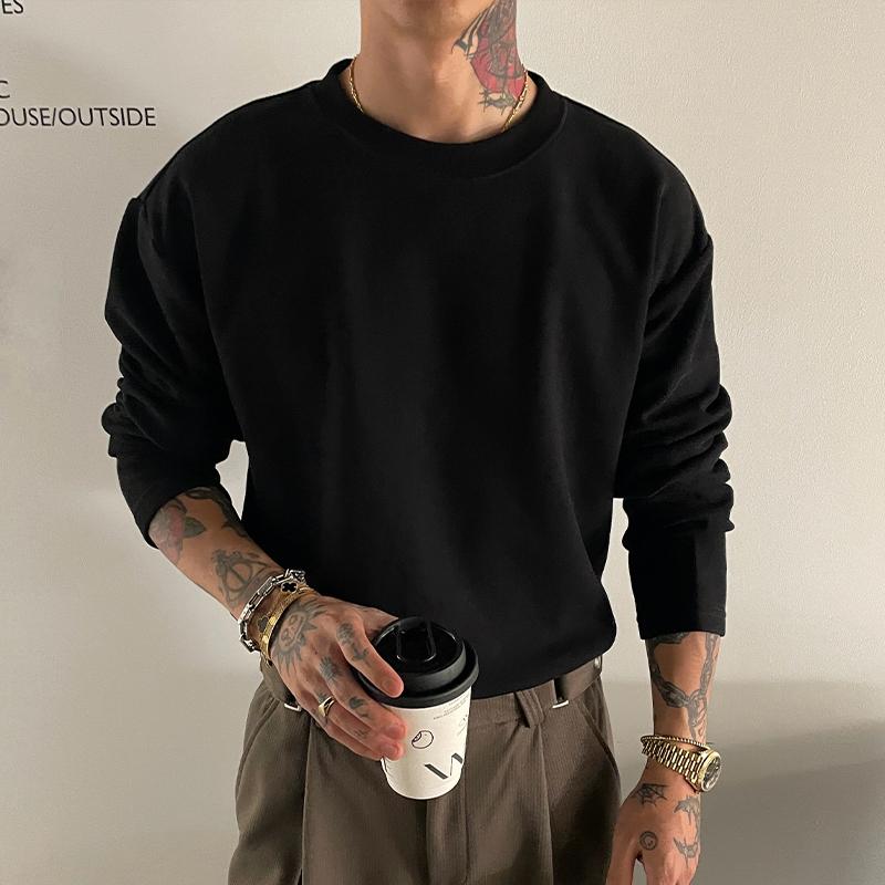 OXFREAK「基础款 醇厚黑色」肌理感软糯长袖t恤男加绒圆领打底衫