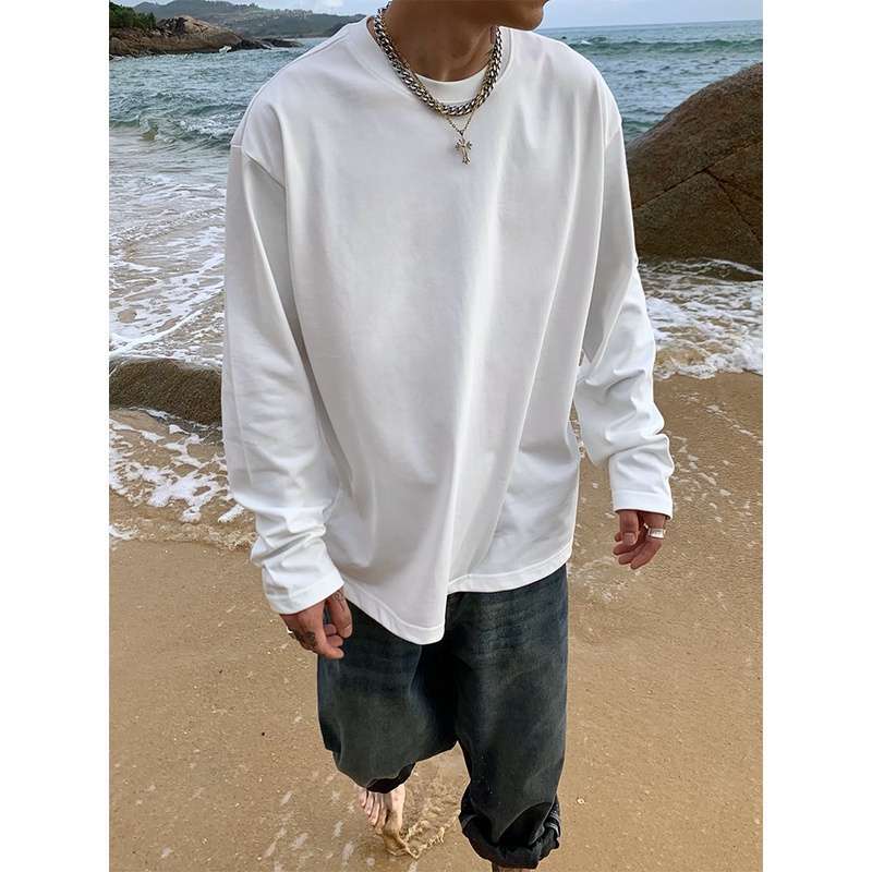 【OXFREAK】高品质棉质圆领长袖t恤男纯色基础内搭打底衫宽松百搭