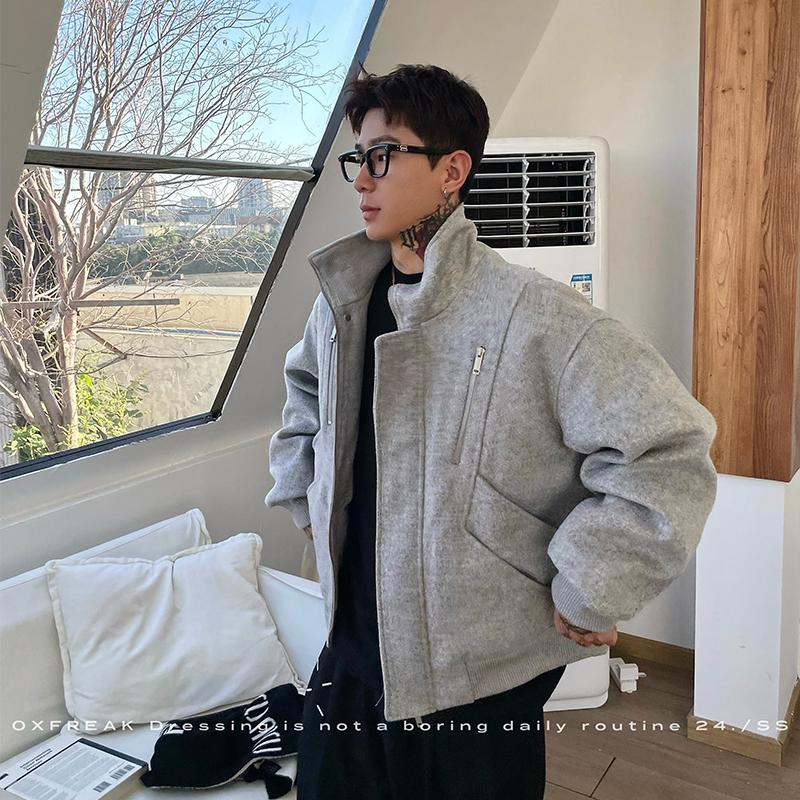 OXFREAK「解构感 双拉链」哈灵顿呢料90白鸭绒羽绒服男宽松保暖外套