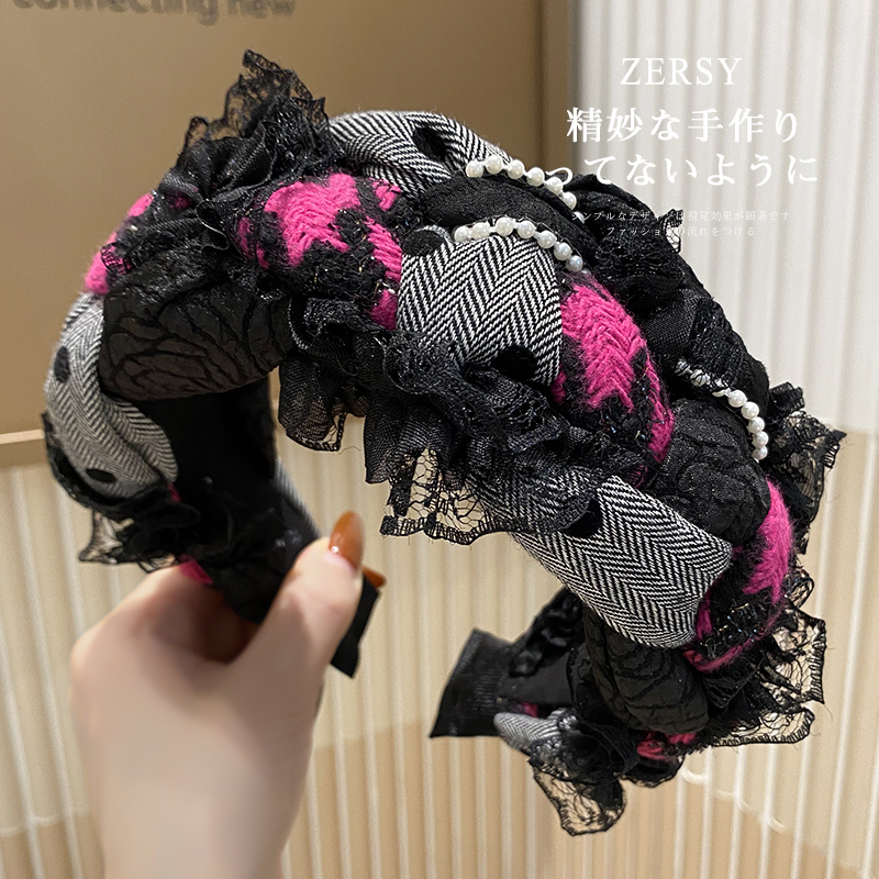 港风复古发箍女高级感珍珠网纱编织宽边头箍增高颅顶发饰发卡发捆