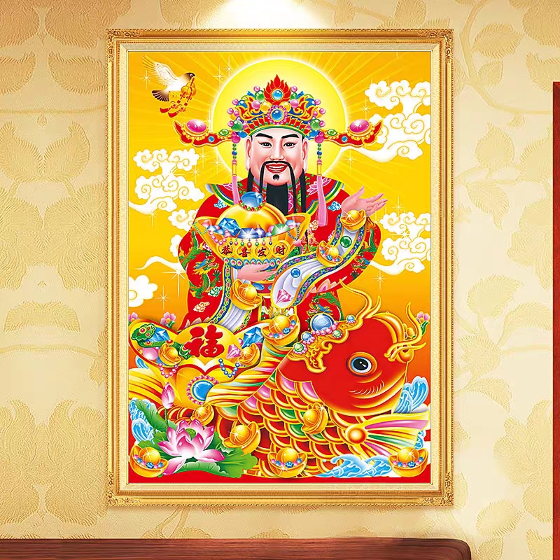 纯手工十字绣成品财神到财神爷恭喜发财客厅中堂喜庆吉祥挂画