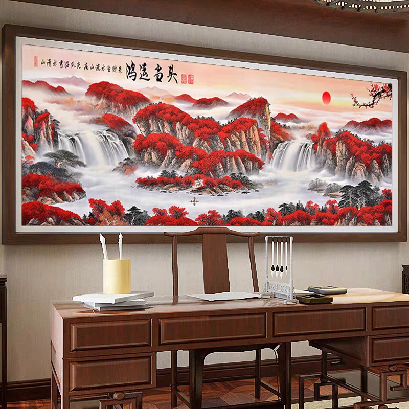 纯手工十字绣成品山清水秀鸿运当头十字绣大厅办公室经典挂画