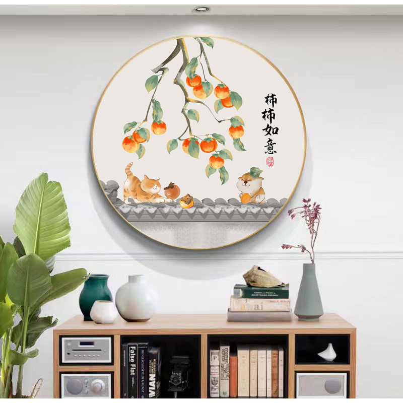 纯手工绣好的十字绣成品 柿柿如意招财猫十字绣圆图玄关餐厅挂画