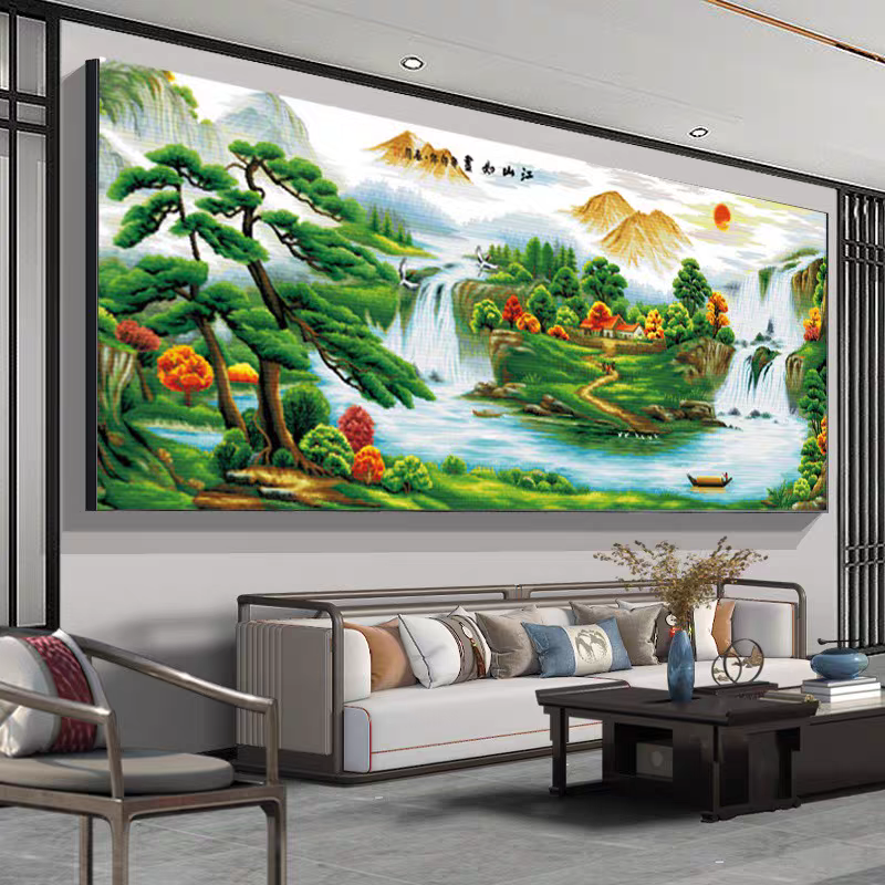 纯手工绣好的十字绣成品江山如画旭日东升办公室客厅经典大气挂画