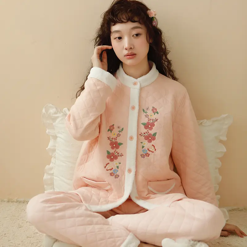 【樱禾】冬纯棉女睡衣立领三层加厚夹棉保暖宽松大码长袖家居服套装