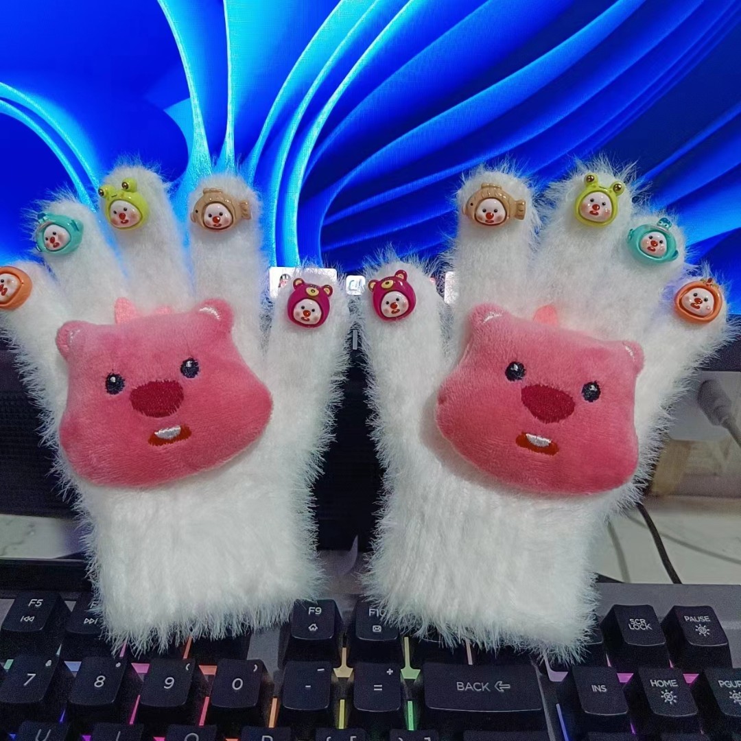 儿童时尚毛绒加厚韩版卡通秋冬季小孩加绒毛球秋冬幼儿园学生手套