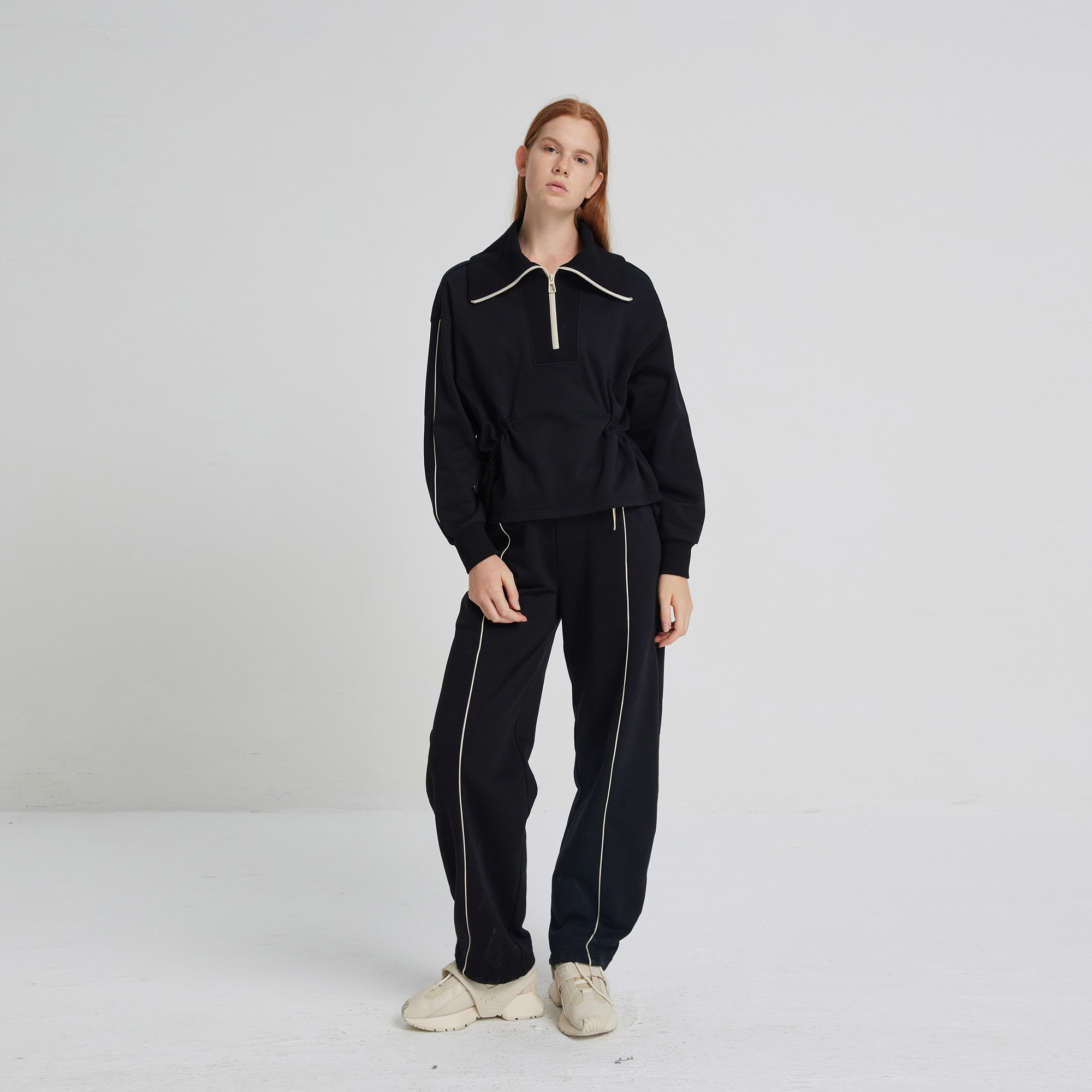 PHISM/PHISM双芽边阔腿两穿卫裤宽松系带黑色女士裤803P01