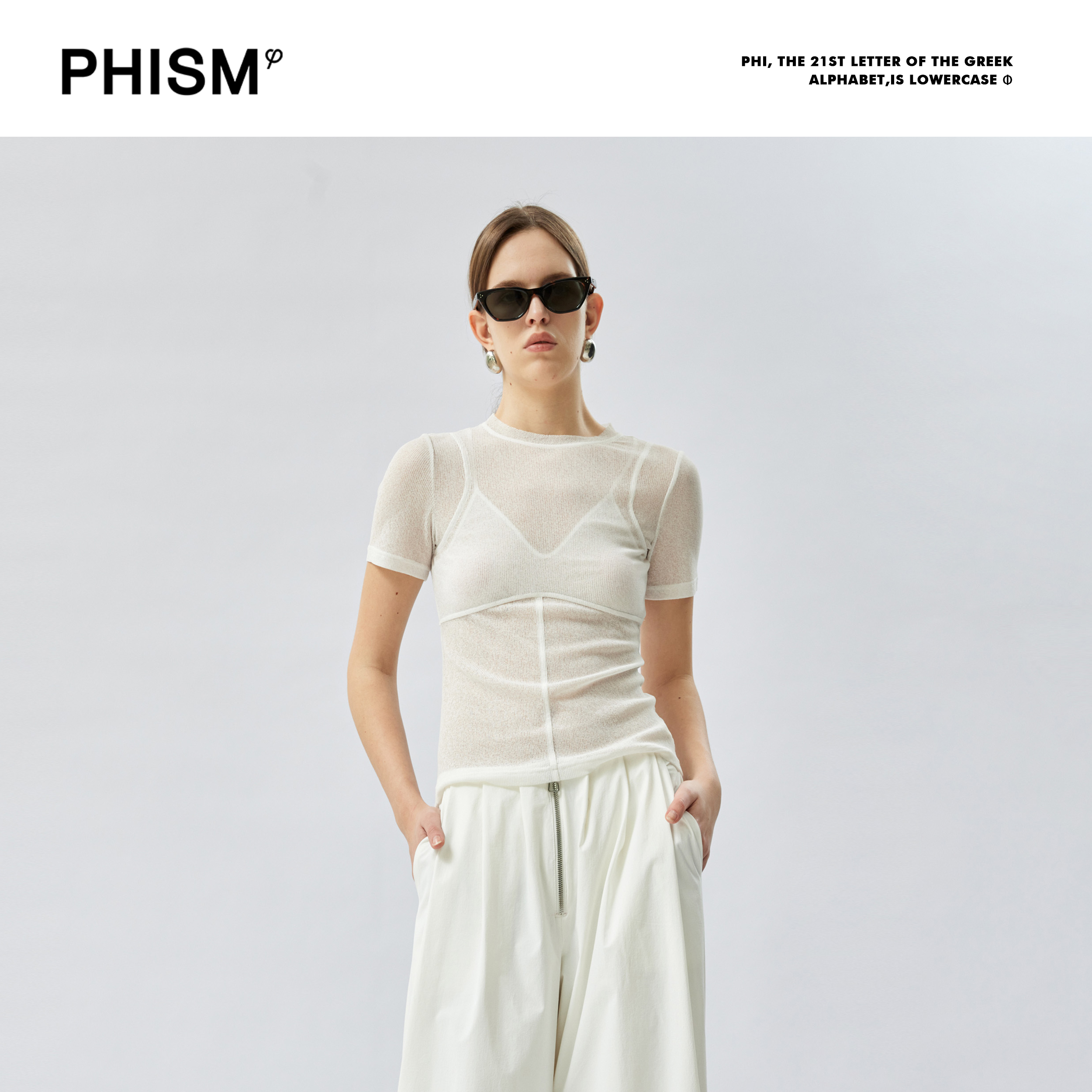 PHISM24年春夏新款半透明假两件圆领修身短袖988T33