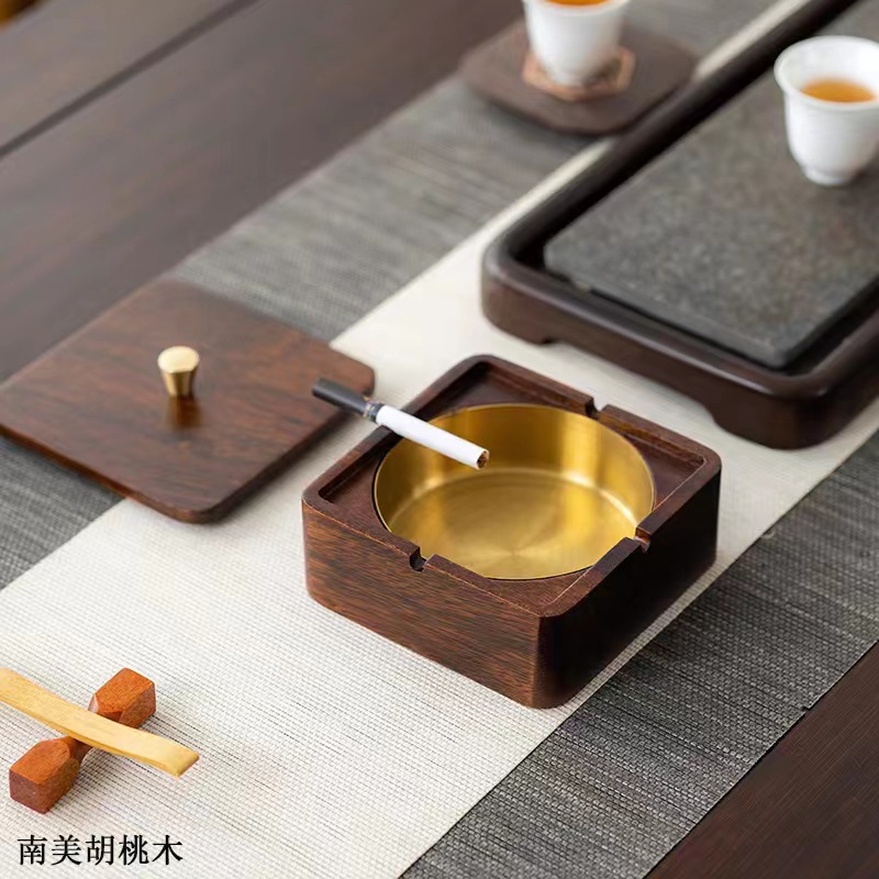 胡桃木烟灰缸家用客厅带盖防飞灰创意办公室黑胡桃实木材质烟灰缸