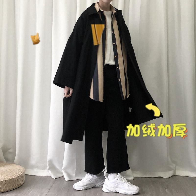 宽松oversize工装帅气风衣男女韩风中长款秋冬外套男黑色港风大衣