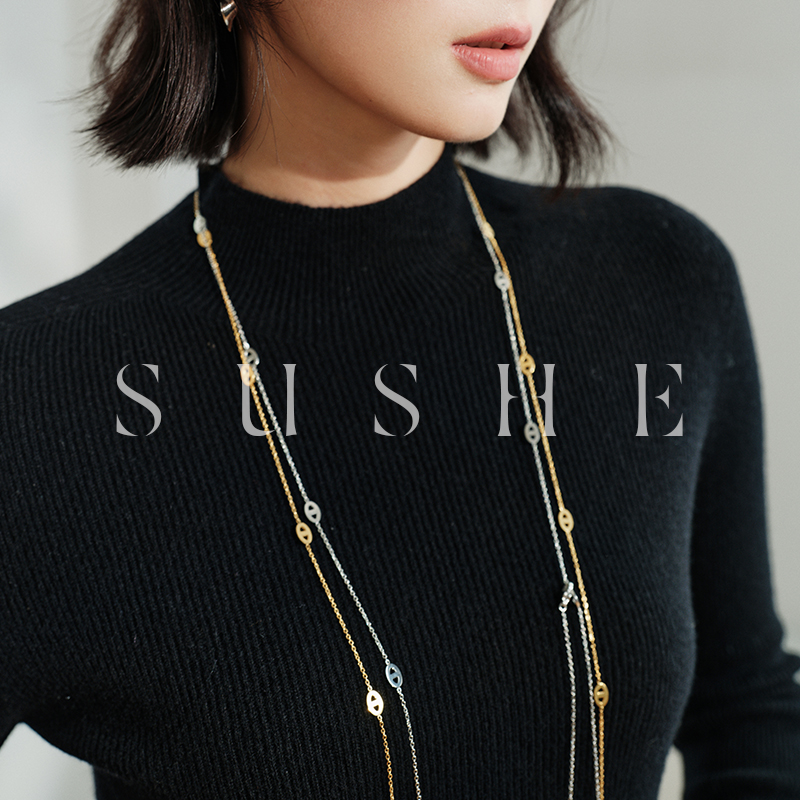 束皙/SUSHE 致享肌肤100%黄金绵羊毛加厚打底修身黑色针织衫女秋