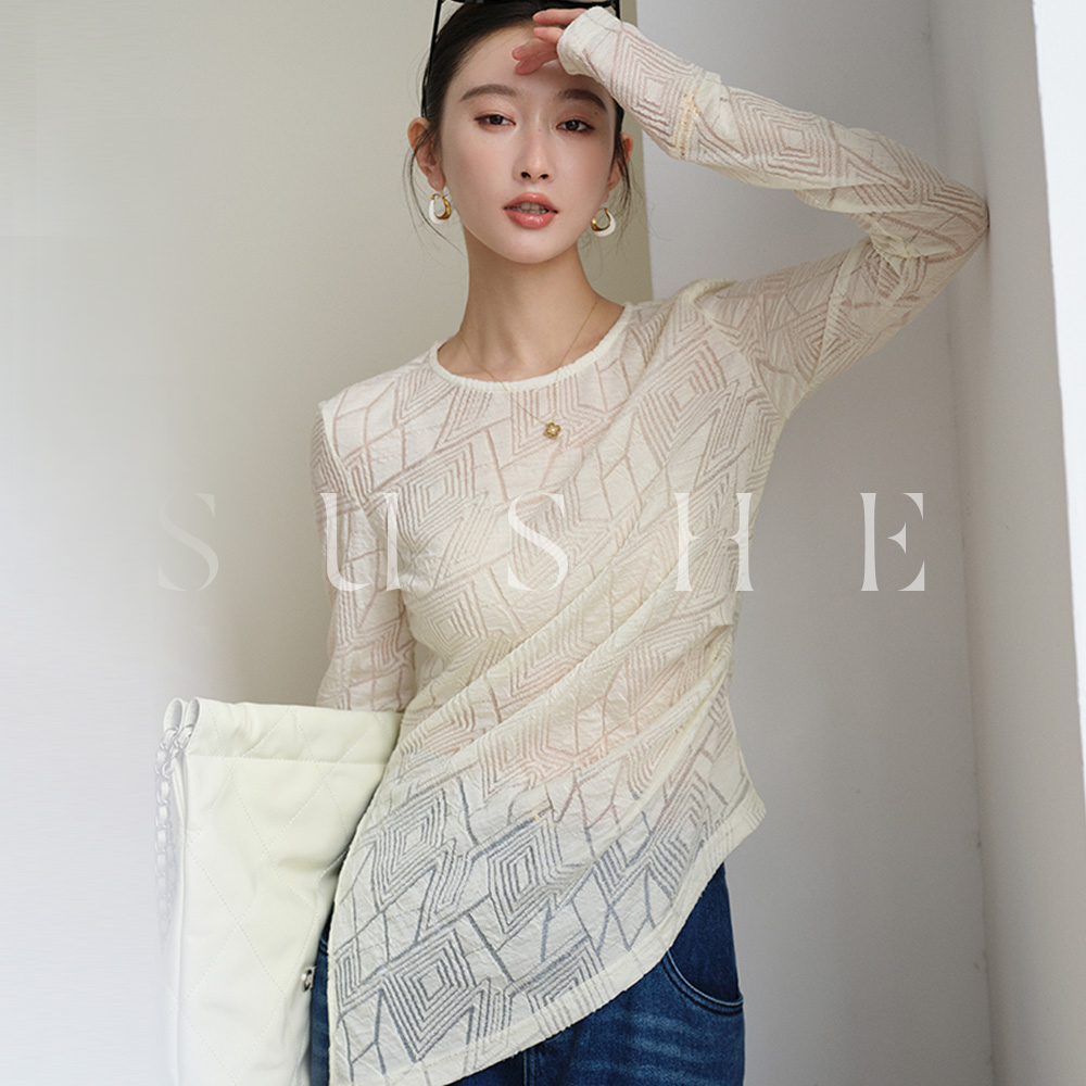 束皙/SUSHE 独家定制羊毛圆领堆褶不规则收腰法式别致小衫女秋