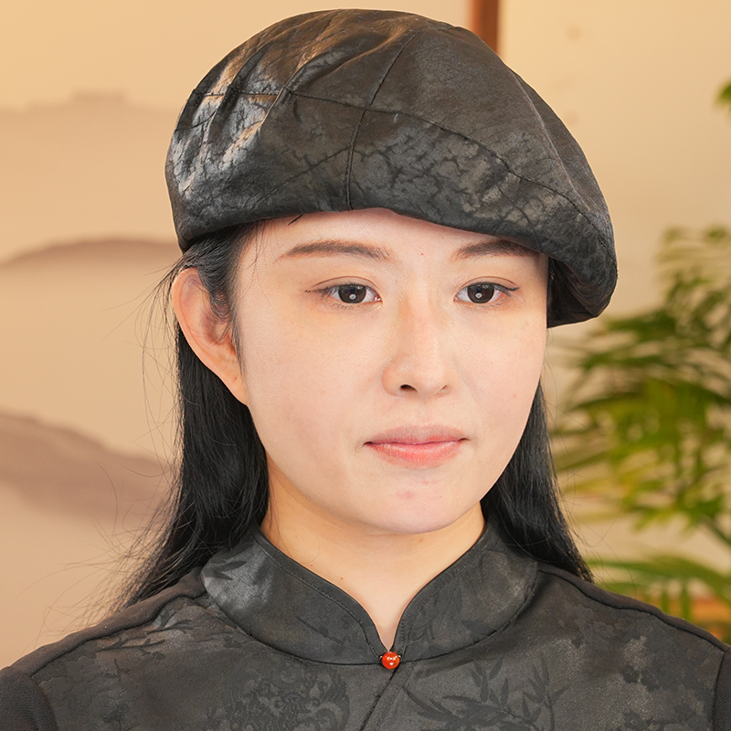 香云纱【空姐帽】无帽檐贝雷帽真丝帽子可折叠四季防晒单帽红色