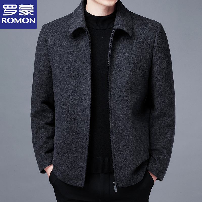 【纯羊毛】罗蒙毛呢外套男士秋冬翻领加厚短款大衣中老年爸爸装夹克