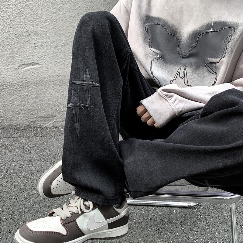 刺绣水洗做旧牛仔裤男春秋宽松直筒美式高街vibe痞帅潮流休闲裤子