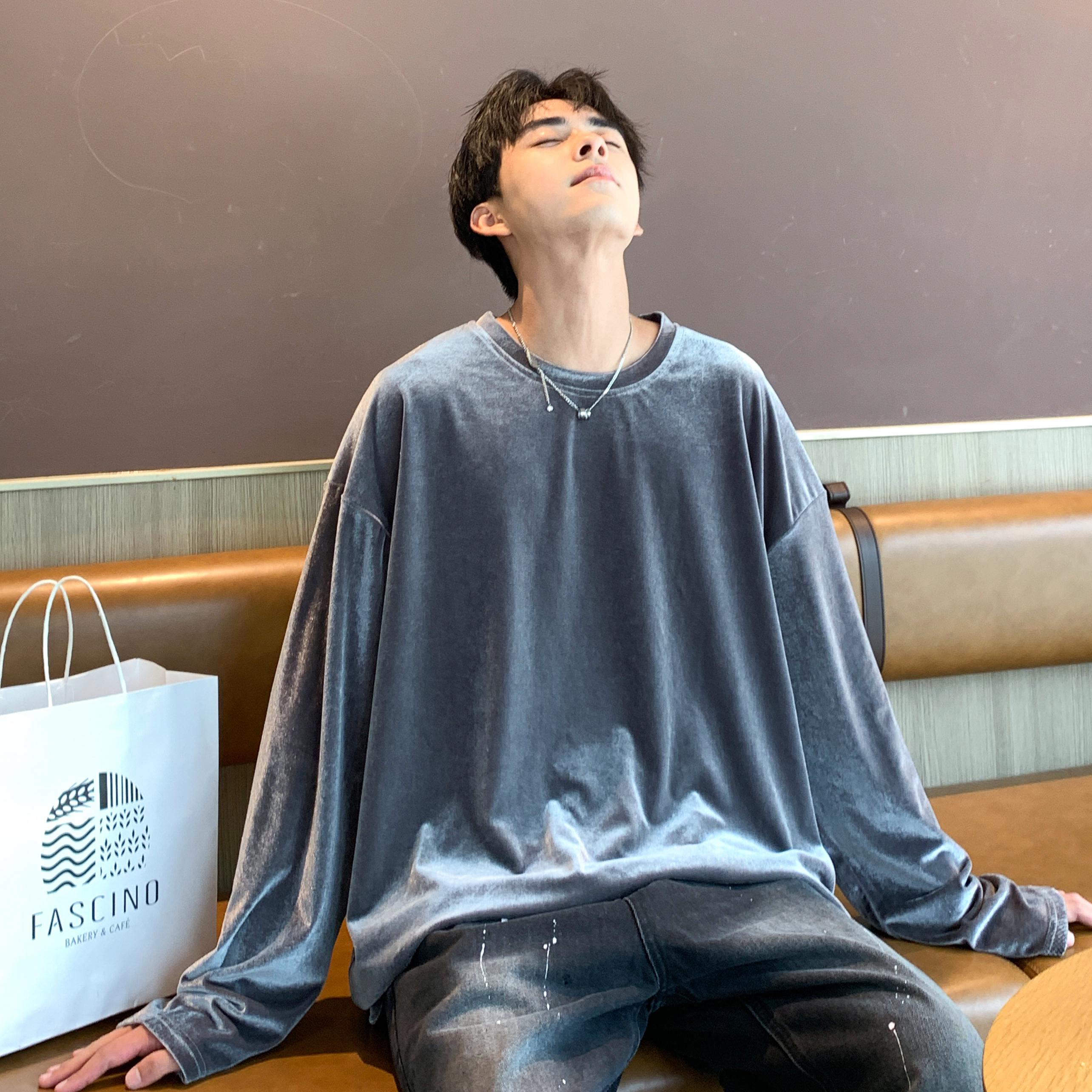 银灰色金丝绒长袖T恤美式潮牌高级感痞帅圆领卫衣宽松内搭打底衫