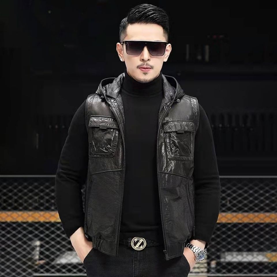 油蜡牛皮马甲帽/胎牛立马甲 男士真皮皮衣牛皮连帽/翻领马甲外套