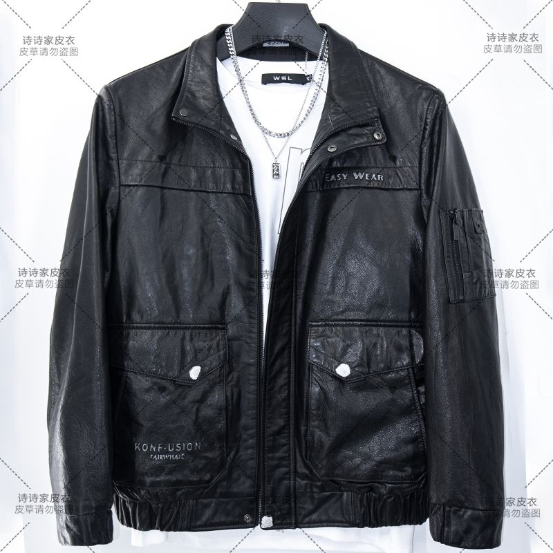 胎牛立压标 真皮皮衣牛皮立翻领外套