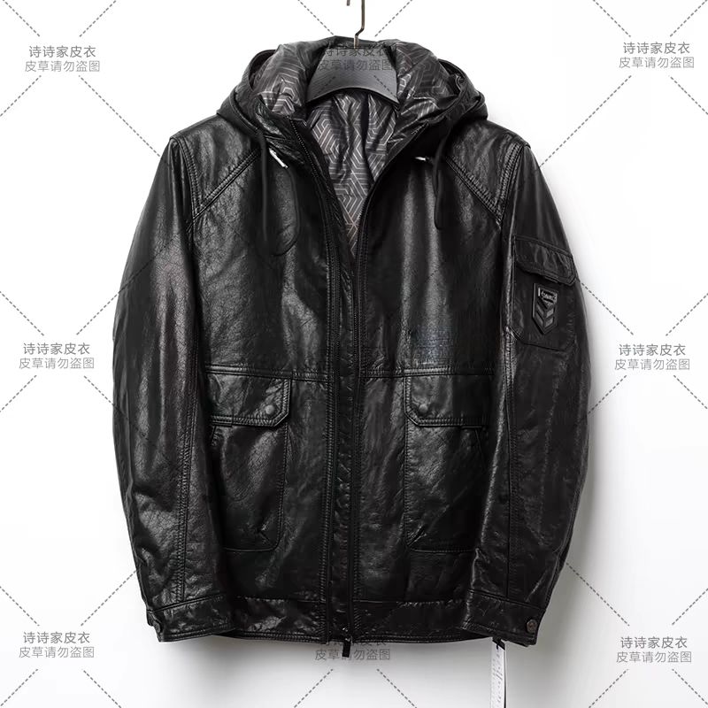 静版牛皮帽厚发热鹅绒 男士真皮皮衣头层牛皮连帽鹅绒休闲外套