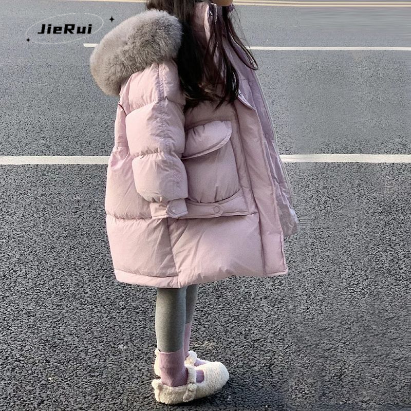 女童洋气大毛领连帽宽松服儿童中长款棉衣2023新款加厚保暖外套