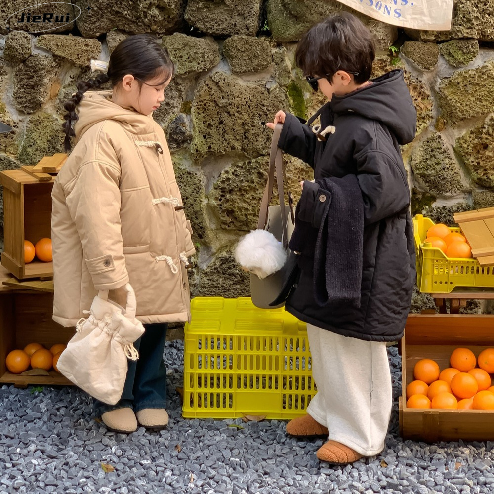 童外套2023冬款男女童韩版加厚牛角扣大衣儿童休闲连帽中长款上衣
