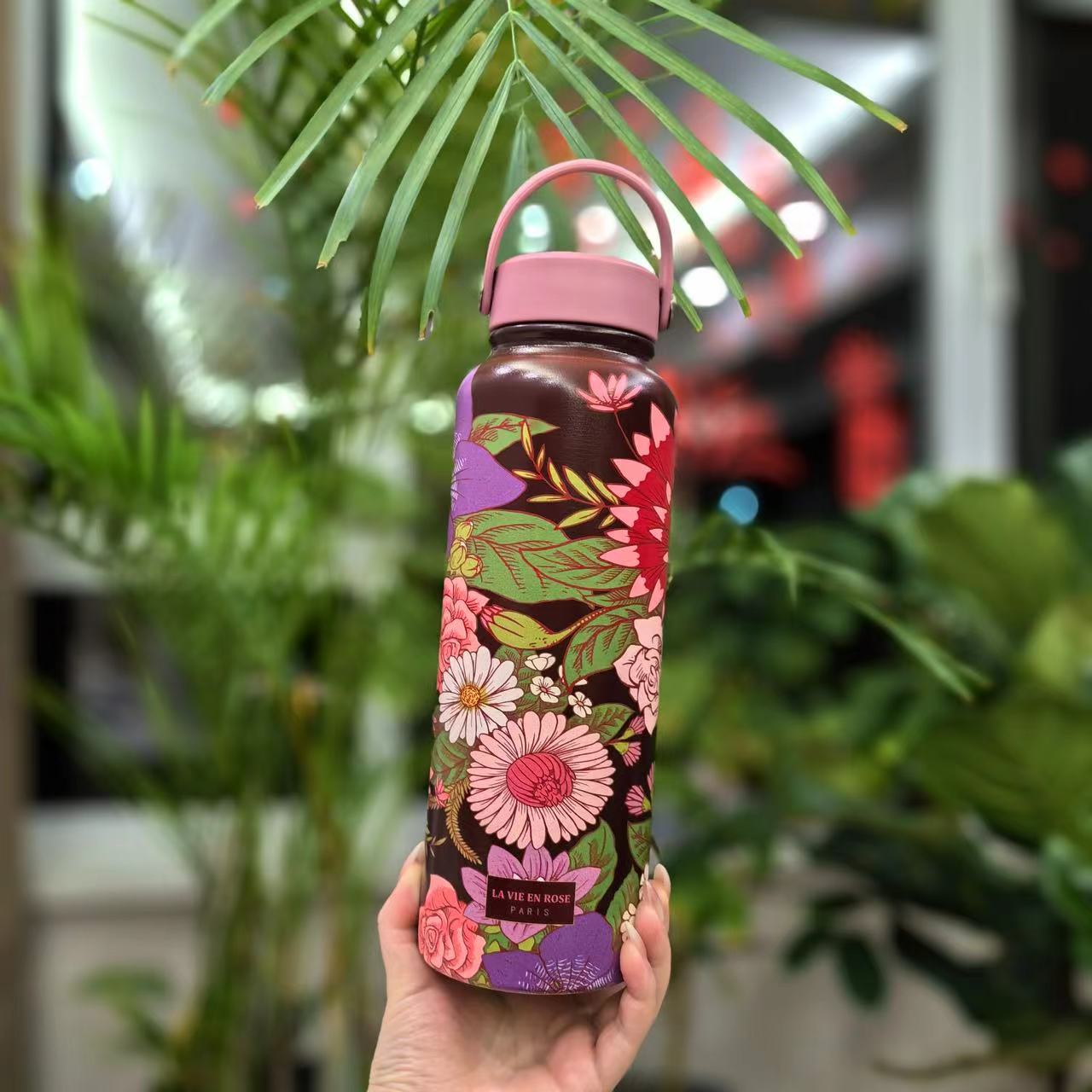 玫瑰人生复古繁花系保温杯1200ML大容量手提杯 B