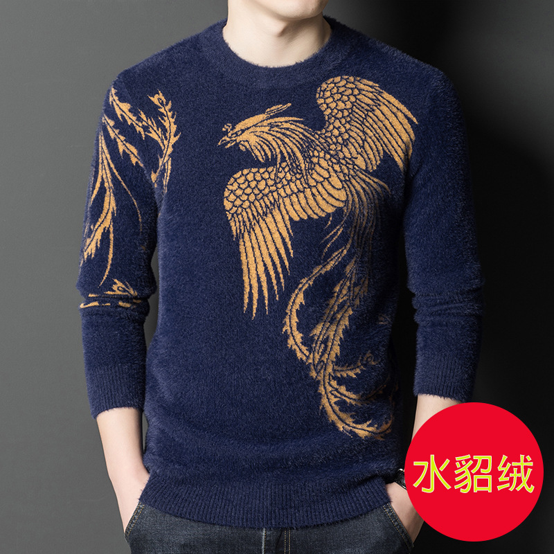啄木鸟秋冬季新款仿水貂针织衫毛衣时尚休闲加厚保暖打底衫提花龙