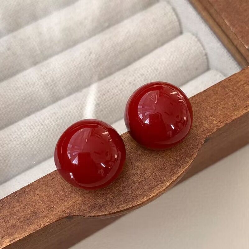 铜合金仿珍珠耳饰 中国风设计感红色耳钉女小众2023新年耳环ins