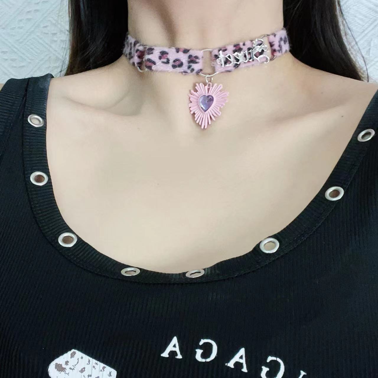 非金属布艺项链 1015千金甜酷粉紫色毛绒豹纹项链配饰星星颈链