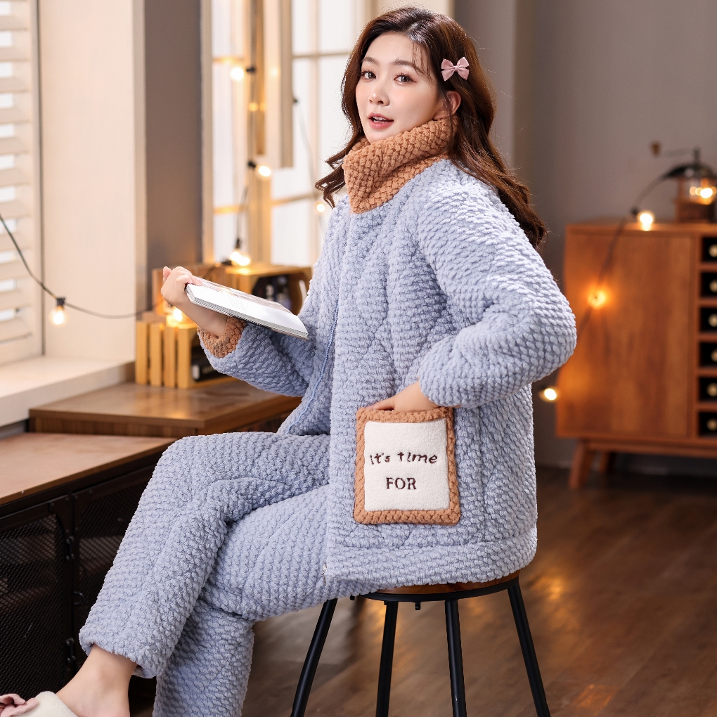 女士特厚三层夹棉冬天加厚加绒宽松女冬季保暖家居服套装超厚冬款