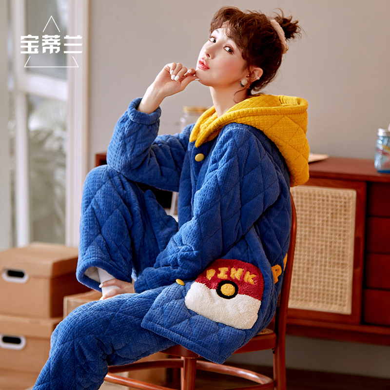 皮卡丘睡衣女士秋冬季三层夹棉加厚保暖法兰绒连帽可爱卡通居家服