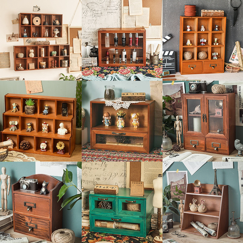 实木清仓木质复古桌面化妆品收纳盒可壁挂盲盒手办展示柜置物架