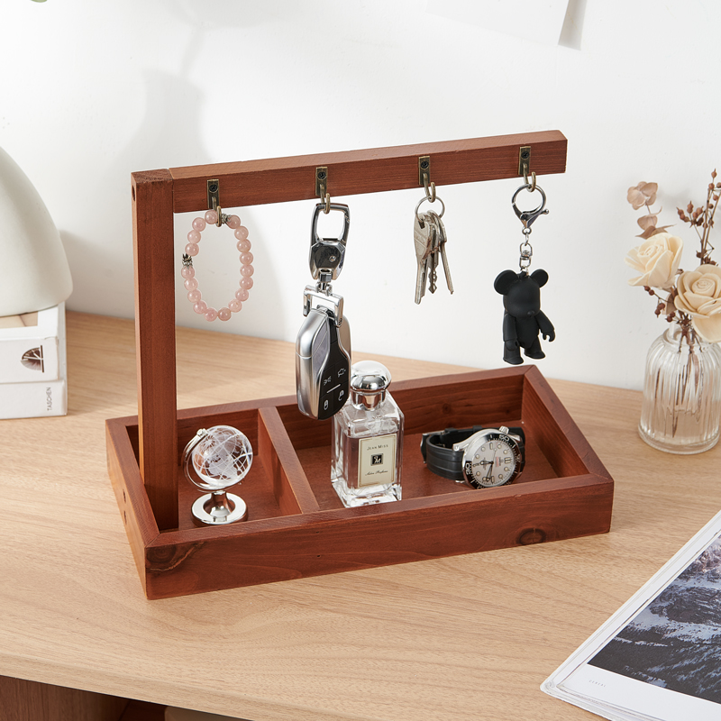 创意家用客厅实木钥匙挂钩简约玄关门口装饰工艺品复古挂架桌摆
