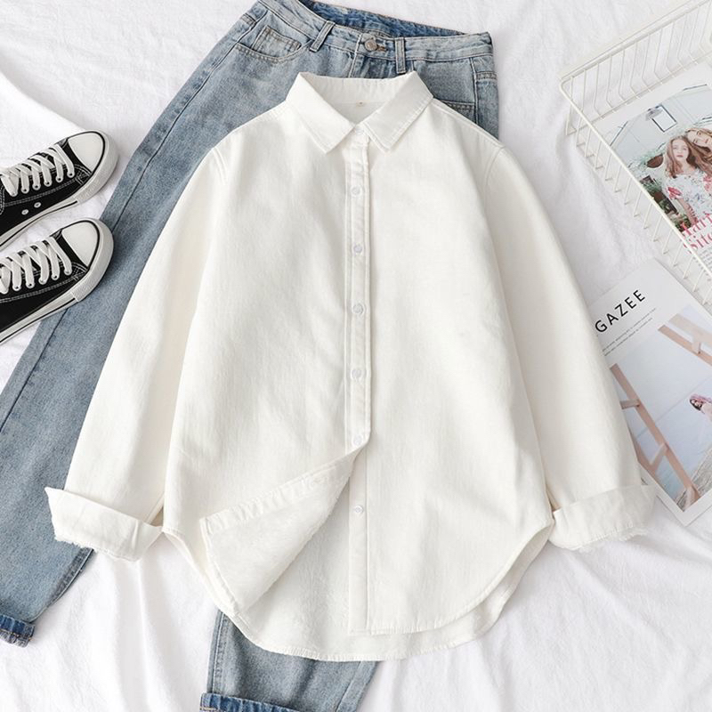 纯色加厚保暖白色衬衣女秋冬季韩版宽松文艺加绒打底洋气衬衫上衣