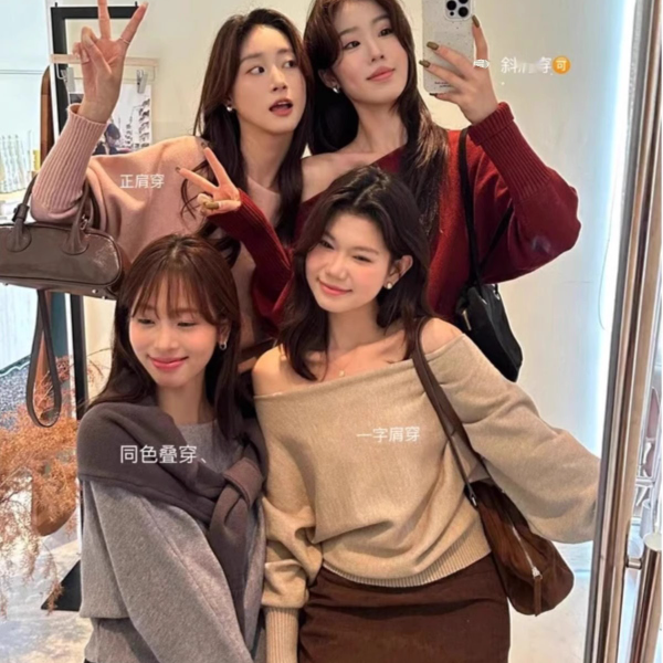韩系温柔一字领灯笼袖正肩针织衫秋冬季气质单穿内搭宽松斜肩小衫