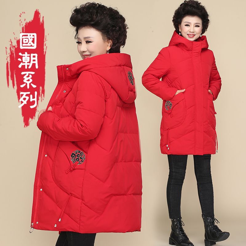 秋冬时尚白鸭绒羽绒服女中长款中老年宽松大码加厚连帽胖妈妈外套