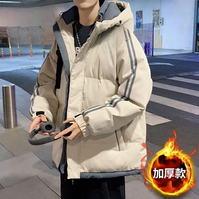 帅气秋冬加绒休闲潮流假两件2023新款连帽羽绒棉服男潮牌棉衣衣服