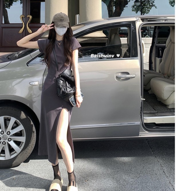 白水女 气质修身短袖开叉连衣裙女夏圆领灰色过膝长裙B2072070