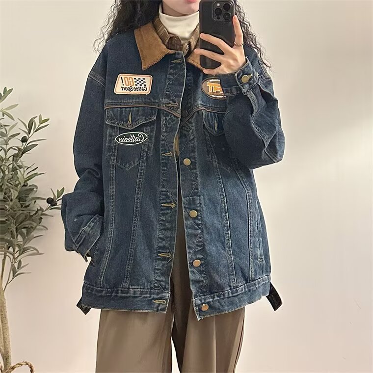 春秋新款美式复古牛仔外套男女机车潮牌翻领夹克宽松撞色情侣上衣