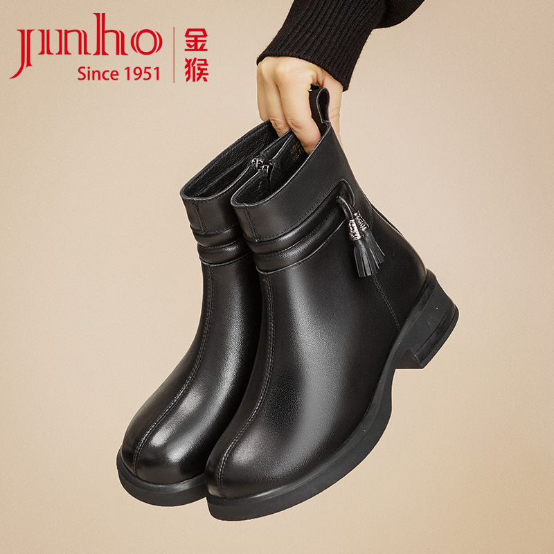 Jinho/金猴粗跟短靴女软底百搭中跟短筒靴子加绒女棉鞋Q49108A