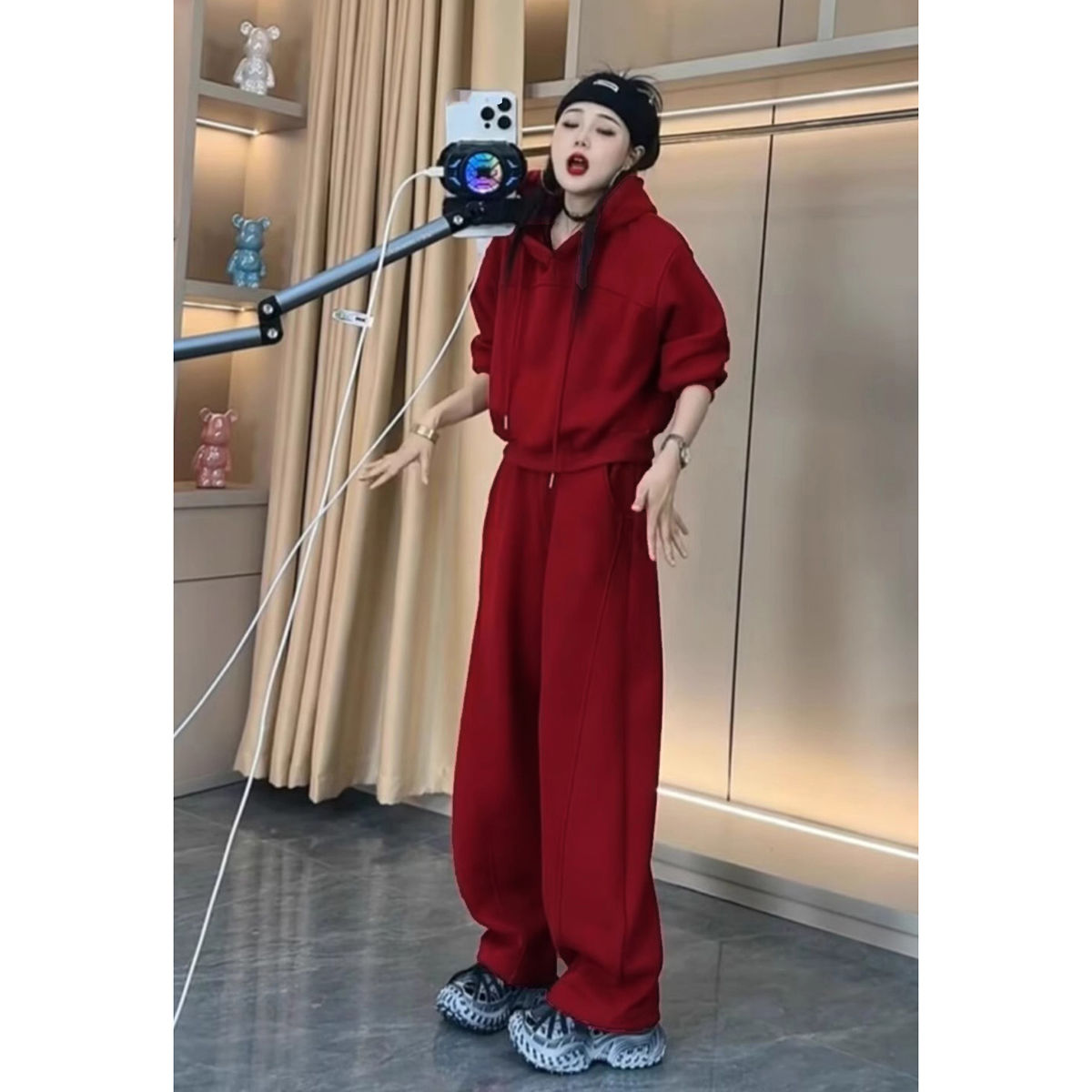 高级感安可拉红加绒加厚连帽卫衣套装女秋冬欧货休闲时尚运动两件