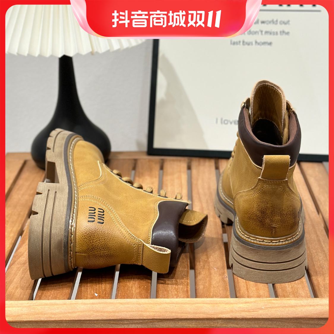 红蜻蜓牌真皮大黄靴女款英伦马丁靴女靴2023秋冬粗跟工装靴时尚机