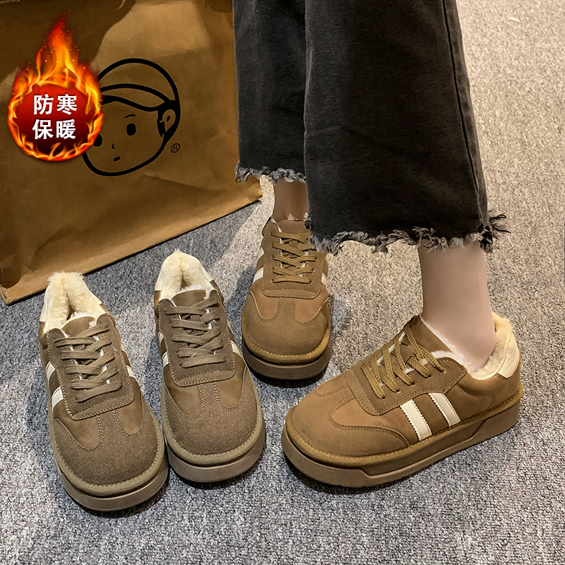 红蜻蜓牌真皮厚底安娜邬棉鞋女2023冬季新款复古百搭加绒加厚德训