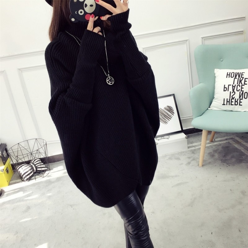 秋冬中长款毛衣套头女韩版宽松蝙蝠衫针织衫加厚外套高领冬季女装