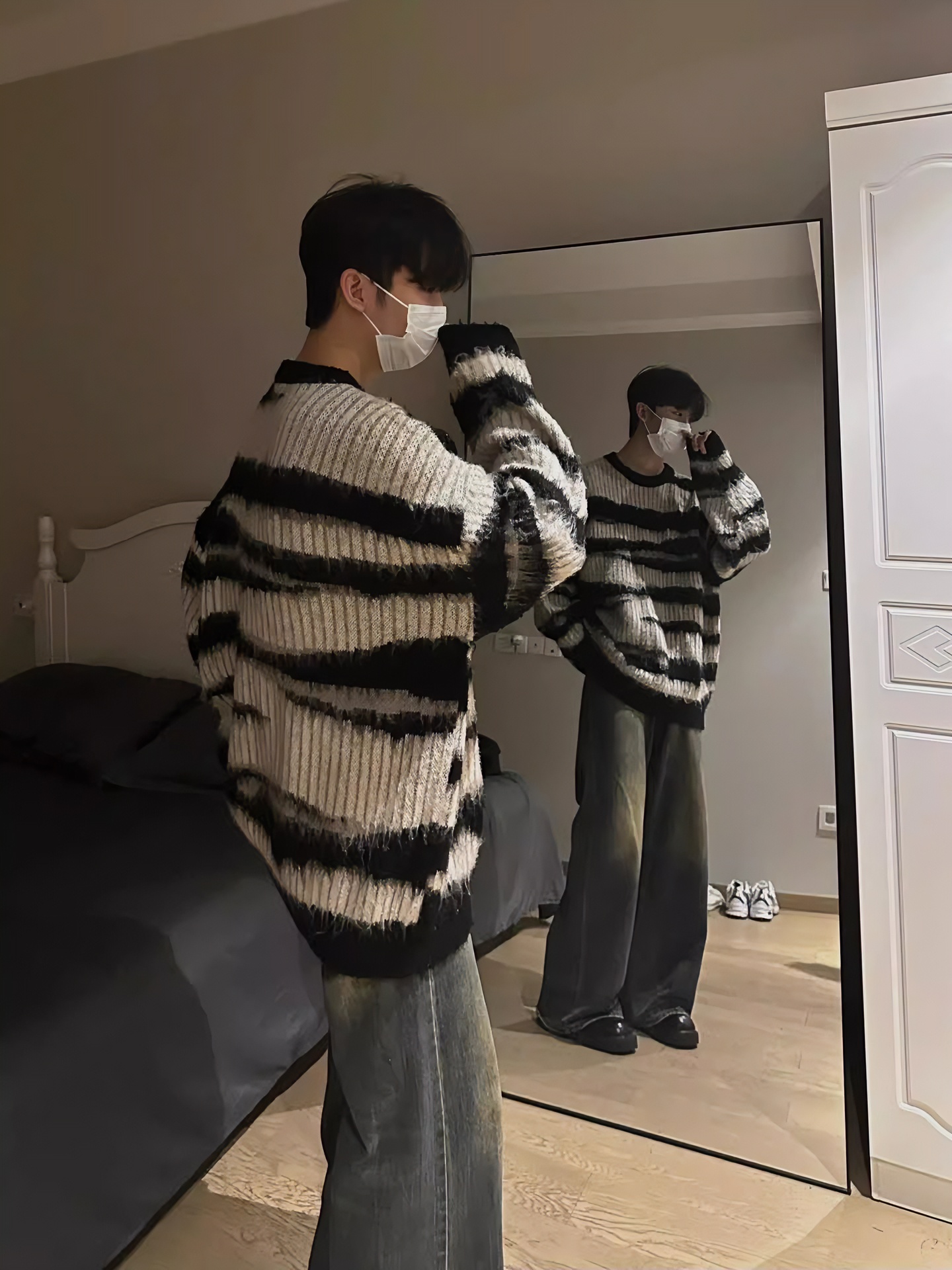 Born马海毛条纹美式复古毛衣男潮牌秋冬慵懒风oversize情侣针织衫